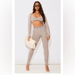 PrettyLittleThing Beige Ripple Knit Bra-let, Legging, and Sleeve Set